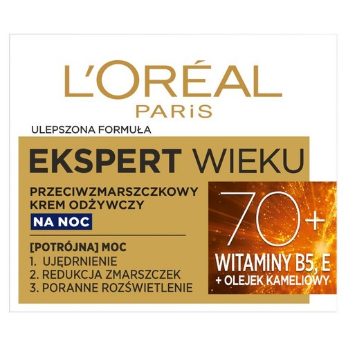 L'Oréal Paris Ekspert Wieku 70+ przeciwzmarszczkowy krem odżywczy na noc. Ulepszona formuła zapewnia ujędrnienie, redukcję zmarszczek i poranne rozświetlenie. Wzbogacony witaminami B5, E i olejkiem kameliowym.
