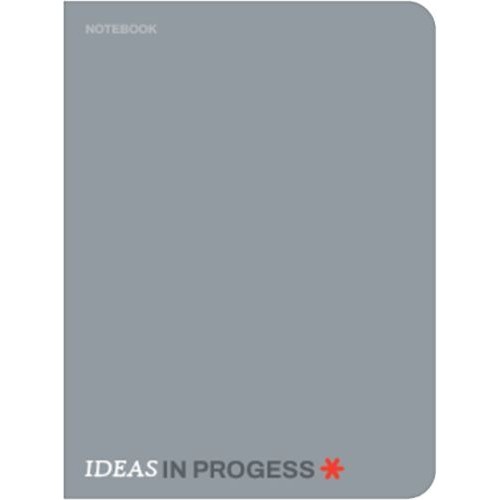 Prostokątny, szary notatnik z napisem "NOTEBOOK" u góry i "IDEAS IN PROGRESS" z czerwoną gwiazdką u dołu.