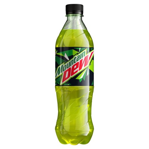 Butelka napoju Mountain Dew z czarną zakrętką. Etykieta ma czarne tło z zielono-białym logo i geometrycznymi wzorami.