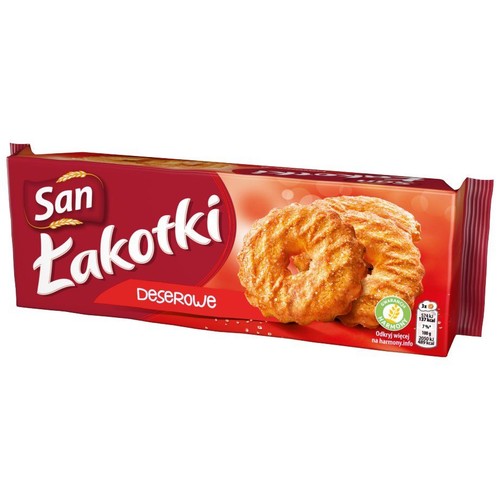 Opakowanie ciastek San Łakotki Deserowe. Na czerwonym tle widoczne dwa chrupiące ciastka w kształcie pierścieni.
