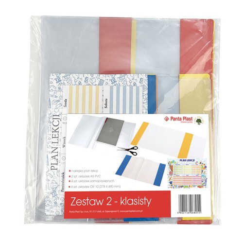 Produkt Panta Plast: zestaw szkolny dla klasisty, zapakowany w folię. Zawiera naklejkę z planem lekcji, 2 okładki A5 z PVC, 4 okładki samoprzylepne i 4 okładki OR 10 (278 x 490 mm). Na opakowaniu widnieje nazwa producenta i lista zawartości.