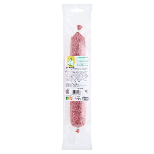 Długa kiełbasa z kurczaka o wadze 250g, zapakowana w folię. Etykieta zawiera informacje o produkcie i symbol recyklingu.
