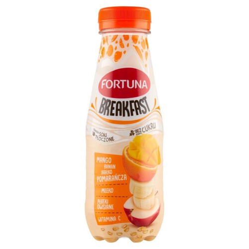 Breakfast Przekąska jabłko pomarańcza banan mango z płatkami i mlekiem Fortuna 300 ml