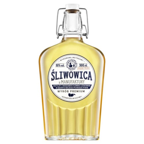 Śliwowica z Manufaktury w butelce 500 ml, 50% obj. alkoholu. Jest to wyrób premium, rzemieślniczy, destylowany w miedzianym alembiku i leżakowany w dębowych beczkach. Butelka ma tradycyjne zamknięcie pałąkowe.