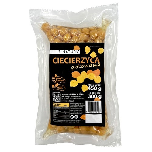Ciecierzyca gotowana Z Natury w przezroczystej torebce. Na czarnej etykiecie napis 'gotowe do spożycia' i 'VEGE'. Masa netto 450 g, po odcieku 300 g. Widoczny kod QR i kod kreskowy produktu.