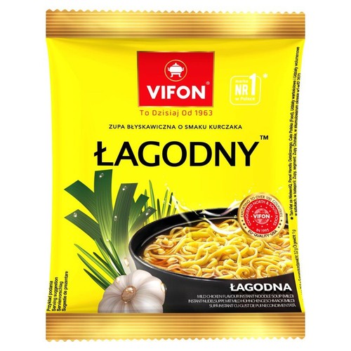 Vifon zupa błyskawiczna o smaku kurczaka, łagodna, 60 g. Żółta saszetka z ilustracją gotowego dania.