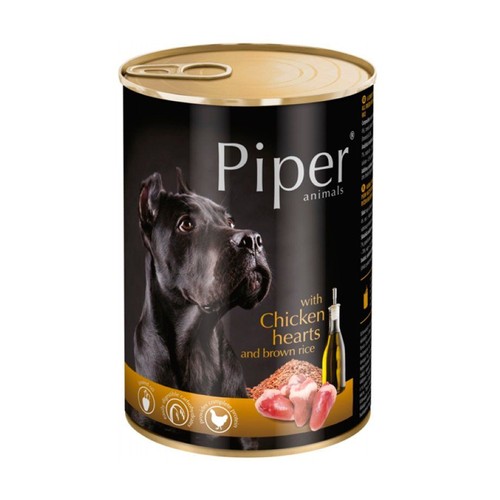 Puszka karmy dla psa Piper Animals z grafiką czarnego psa, serc kurzych i brązowego ryżu.