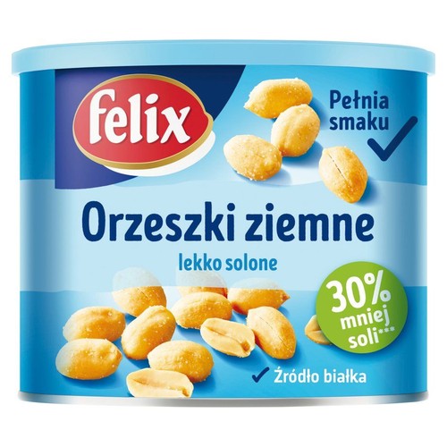 Felix Orzeszki ziemne lekko solone w niebieskim opakowaniu. Zawiera 30% mniej soli i jest źródłem białka.