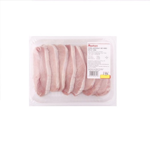 Opakowanie schabu wieprzowego bez kości, kotlety, 1.039 kg. Widoczne ułożone obok siebie surowe plastry mięsa.