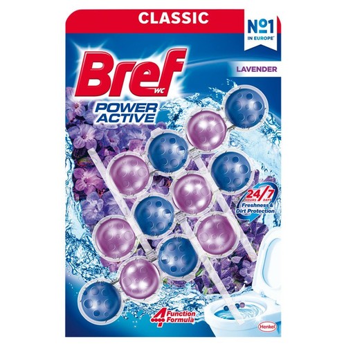 Bref WC Power Active Classic Lawenda, odświeżacz i środek czyszczący do toalety. Na opakowaniu widoczne są fioletowe i niebieskie kulki produktu, otoczone grafiką lawendy i rozpryskującej się wody. Posiada formułę 4 funkcji.