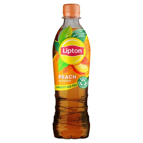 Butelka Lipton Peach Flavour Fruity Ice Tea z pomarańczową nakrętką. Etykieta z brzoskwiniami i napisem "Pysznie orzeźwiająca".