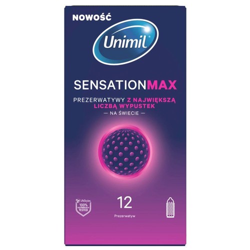 Unimil SensationMax, 12 prezerwatyw z wypustkami. Opakowanie w kolorze granatowym z różową grafiką. Nowość, 100% testowane.