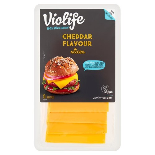 Violife Cheddar Flavour Slices, 100% roślinne. 5 plastrów, wegańskie, z witaminą B12. Bez nabiału, soi, glutenu.