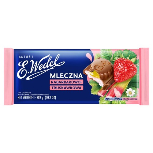 Opakowanie czekolady mlecznej E. Wedel z nadzieniem rabarbarowo-truskawkowym, 289g. Na opakowaniu grafika owoców i kawałka czekolady.