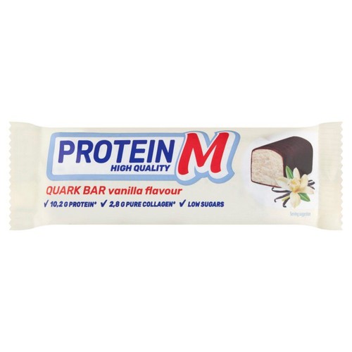 Opakowanie batona Protein M, waniliowy smak. Produkt wysokiej jakości z 10,2 g białka i niską zawartością cukrów.