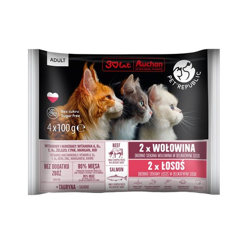 Karma mokra dla kotów z wołowiną i z łososiem Pet Republic 4 x 100 g