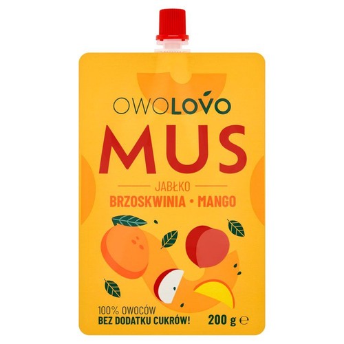 Mus owocowy OWOŁOVO: jabłko, brzoskwinia, mango. Żółta saszetka z czerwoną zakrętką. 100% owoców, bez cukru. 200 g.