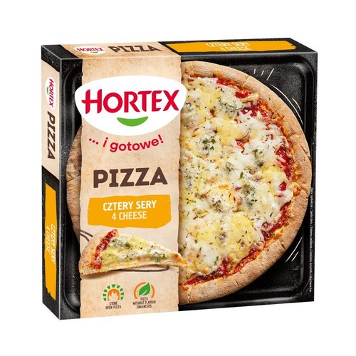 Opakowanie pizzy Hortex Cztery Sery. Widoczna gotowa pizza z serem i ziołami na blasze oraz kawałek pizzy.