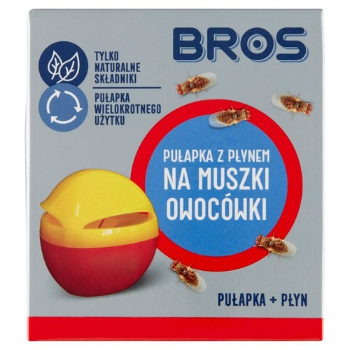 Opakowanie pułapki BROS na muszki owocówki. Zawiera płyn. Pułapka wielokrotnego użytku, z naturalnymi składnikami.