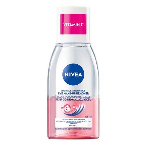 Nivea Radiance Waterproof płyn do demakijażu oczu z witaminą C, 125 ml. Skutecznie usuwa wodoodporny makijaż, jednocześnie rozświetlając i energetyzując skórę wokół oczu. Produkt przebadany okulistycznie.