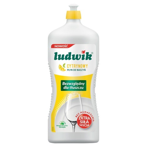 Biała butelka płynu do naczyń Ludwik Cytrynowy z żółtą nakrętką. Etykieta informuje o nowości i sile przeciw tłuszczowi.