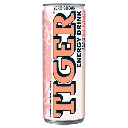Puszka napoju energetycznego Tiger Zero Cukru Brzoskwinia. Jasnoróżowe tło z pomarańczowym logo "TIGER".
