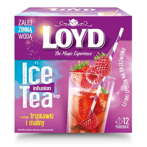 Herbatka ziołowo-owocowa Loyd Ice Tea, truskawka i malina. Do zalewania zimną wodą. 12 torebek.