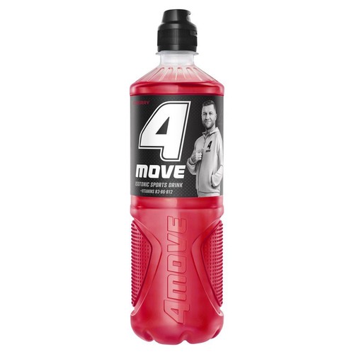 Czerwona butelka napoju 4 MOVE. Etykieta z napisem "ISOTONIC SPORTS DRINK" i wizerunkiem mężczyzny. Czarna zakrętka.
