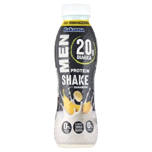 Czarna butelka Bakoma MEN Protein Shake o smaku bananowym. Zawiera 20g białka, 0% dodanego cukru i 0% tłuszczu.