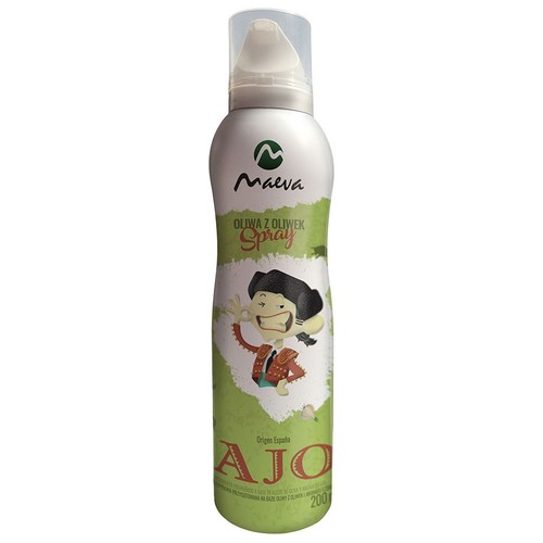 Biało-zielona butelka sprayu Maeva z oliwą z oliwek i aromatem czosnkowym, 200 ml. Na etykiecie widnieje rysunek uśmiechniętego torero oraz napis "AJO" i "Origen España". Produkt przeznaczony do gotowania.