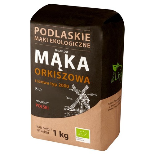 Mąka orkiszowa razowa typ 2000 BIO, 1 kg, marki Podlaskie Mąki Ekologiczne. Opakowanie w kolorze brązowym z czarnym pasem. Widoczny certyfikat ekologiczny UE i informacja, że to produkt polski. Grafika wiatraka.