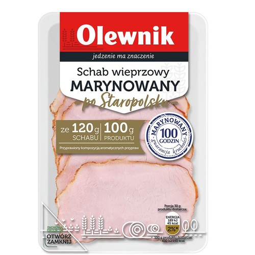 Produkt Olewnik: Schab wieprzowy marynowany po Staropolsku. W przezroczystym opakowaniu widać plastry mięsa. Etykieta informuje o użyciu 120g schabu na 100g produktu i gwarancji kruchości po 100 godzinach marynowania.