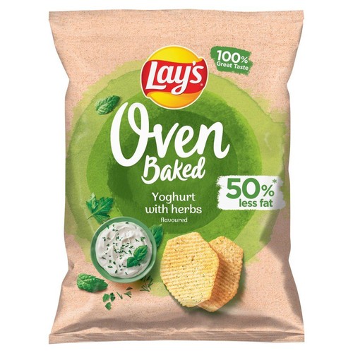 Opakowanie chipsów Lay's Oven Baked. Smak jogurt z ziołami, 50% mniej tłuszczu.