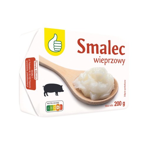 Opakowanie smalcu wieprzowego 200g. Na etykiecie widnieje nazwa produktu, grafika smalcu na drewnianej łyżce, sylwetka świni oraz żółte logo kciuka w górę. Wskazano Nutri-Score D. Widoczne są dane kontaktowe Serwisu Klienta.