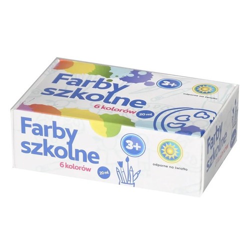 Białe kartonowe opakowanie farb szkolnych. Na froncie napis 'Farby szkolne', informacja o 6 kolorach po 20 ml, symbol 3+ oraz ikona słońca z napisem 'odporne na światło'. Tło zdobią kolorowe plamy farby i pędzle.