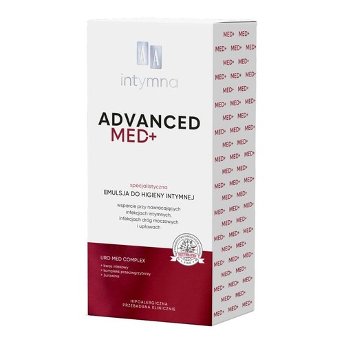 Białe opakowanie AA Intymna Advanced Med+ emulsji do higieny intymnej. Wspiera przy infekcjach intymnych i dróg moczowych.