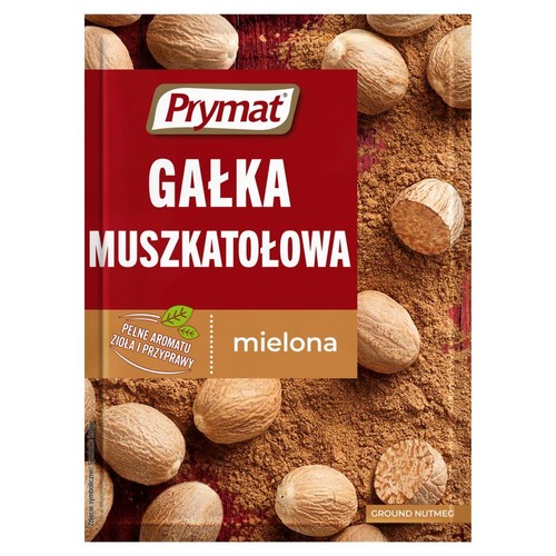 Przyprawa Prymat Gałka Muszkatołowa mielona w czerwono-brązowym opakowaniu. Z napisem "Pełne aromatu zioła i przyprawy".