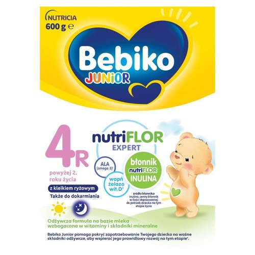 Mleko modyfikowane Bebiko Junior 4R, 600g. Formuła NutriFLOR Expert dla dzieci powyżej 2. roku życia, z ryżem i inuliną.