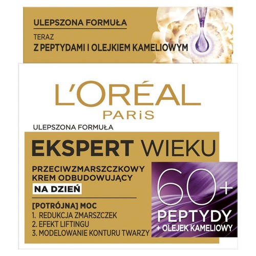 Krem L'Oréal Paris Ekspert Wieku 60+ na dzień. Ulepszona formuła z peptydami i olejkiem kameliowym. Produkt przeznaczony do redukcji zmarszczek, liftingu i modelowania konturu twarzy. Widoczne logo L'Oréal.