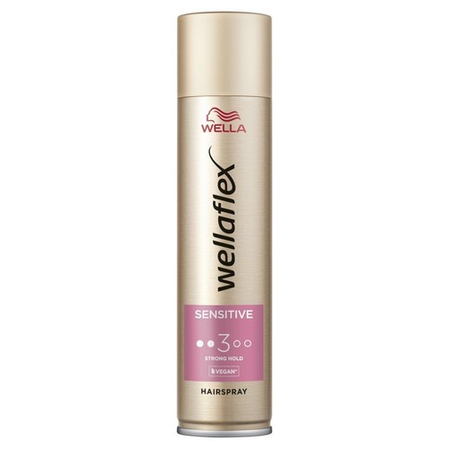 Wellaflex Sensitive lakier do włosów 250 ml. Złota butelka, mocne utrwalenie (poziom 3), formuła wegańska.
