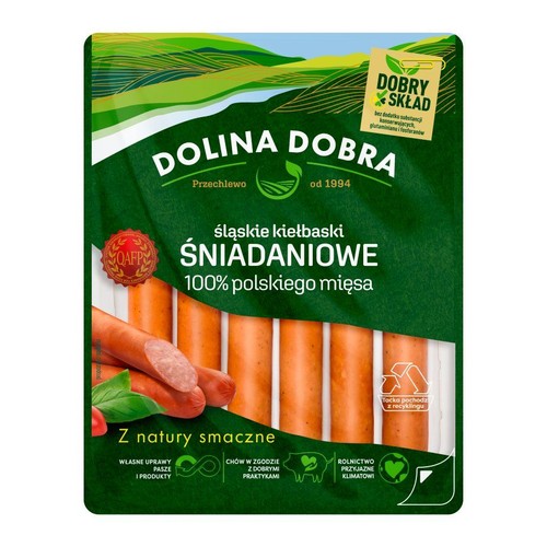 Opakowanie kiełbasek śniadaniowych Dolina Dobra. Produkt ze 100% polskiego mięsa, z hasłem "Dobry Skład" i informacją o recyklingu.