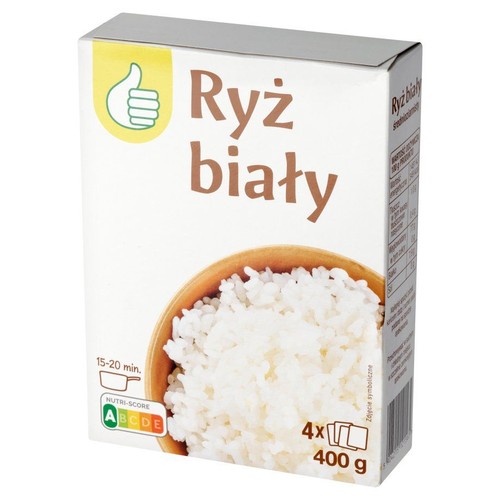 Biały ryż w kartonowym opakowaniu. Na froncie nazwa "Ryż biały", ikona kciuka w górę i miska z ugotowanym ryżem. Waga 400 g.