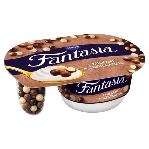 Produkt Danone Fantasia: jogurt z chrupiącymi kulkami czekoladowymi. Widoczne dwa pojemniki, jeden z jogurtem, drugi z dodatkami.