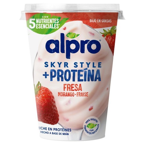 Alpro Skyr Style truskawkowy, wysokobiałkowy, na bazie soi. Zawiera 5 niezbędnych składników odżywczych i jest niskotłuszczowy.