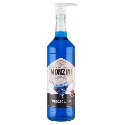 Butelka syropu barmańskiego Monzini Curacao Blue z białą pompką. Etykieta z nazwą i grafiką rozprysku płynu.
