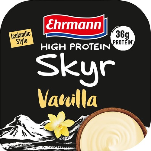 Opakowanie Skyr Ehrmann o smaku waniliowym. Produkt wysokobiałkowy z 36g białka. Styl islandzki.