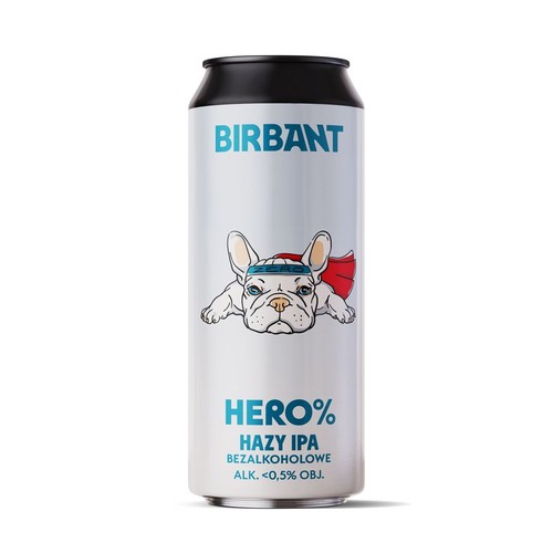 Puszka piwa bezalkoholowego Birbant Hero% Hazy IPA. Etykieta przedstawia białego buldoga francuskiego w niebieskiej opasce z napisem "ZERO" i czerwonej pelerynie. Napisy "Birbant", "Hero%", "Hazy IPA" są w kolorze niebieskim.