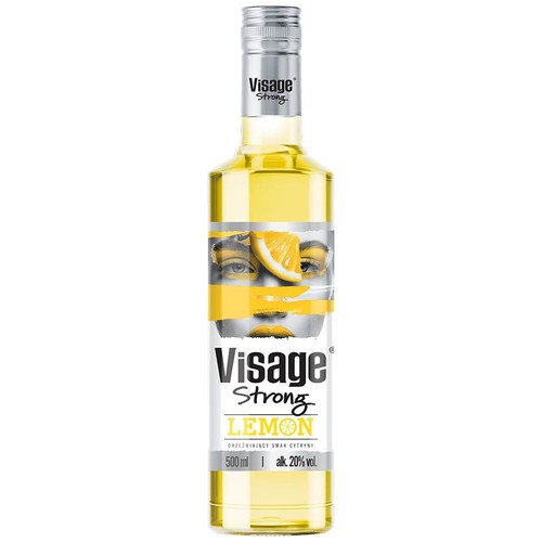 Butelka Visage Strong Lemon, 500 ml, 20% alk. Etykieta z grafiką twarzy, żółtymi paskami i plasterkiem cytryny.
