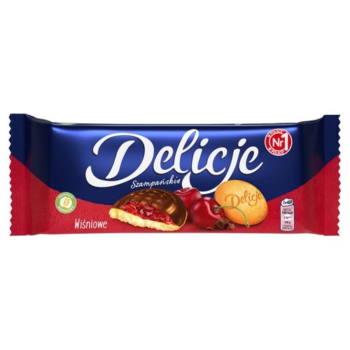 Biszkopty z galaretką wiśniową oblane czekoladą Delicje 147 g