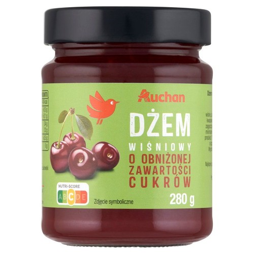 Słoik dżemu wiśniowego Auchan o obniżonej zawartości cukrów, 280g.